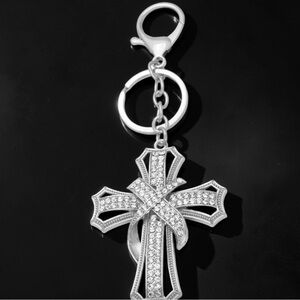 Sparkly Rhinestone Cross Keychain Silver Crystal Cross Bag Charm